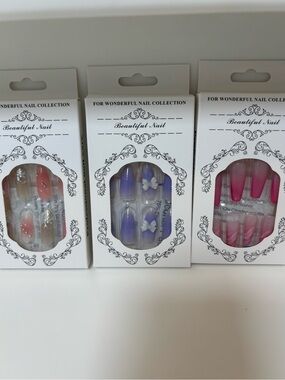 NIB 3 Sets Press-On Nails - Purple Butterfly Accent